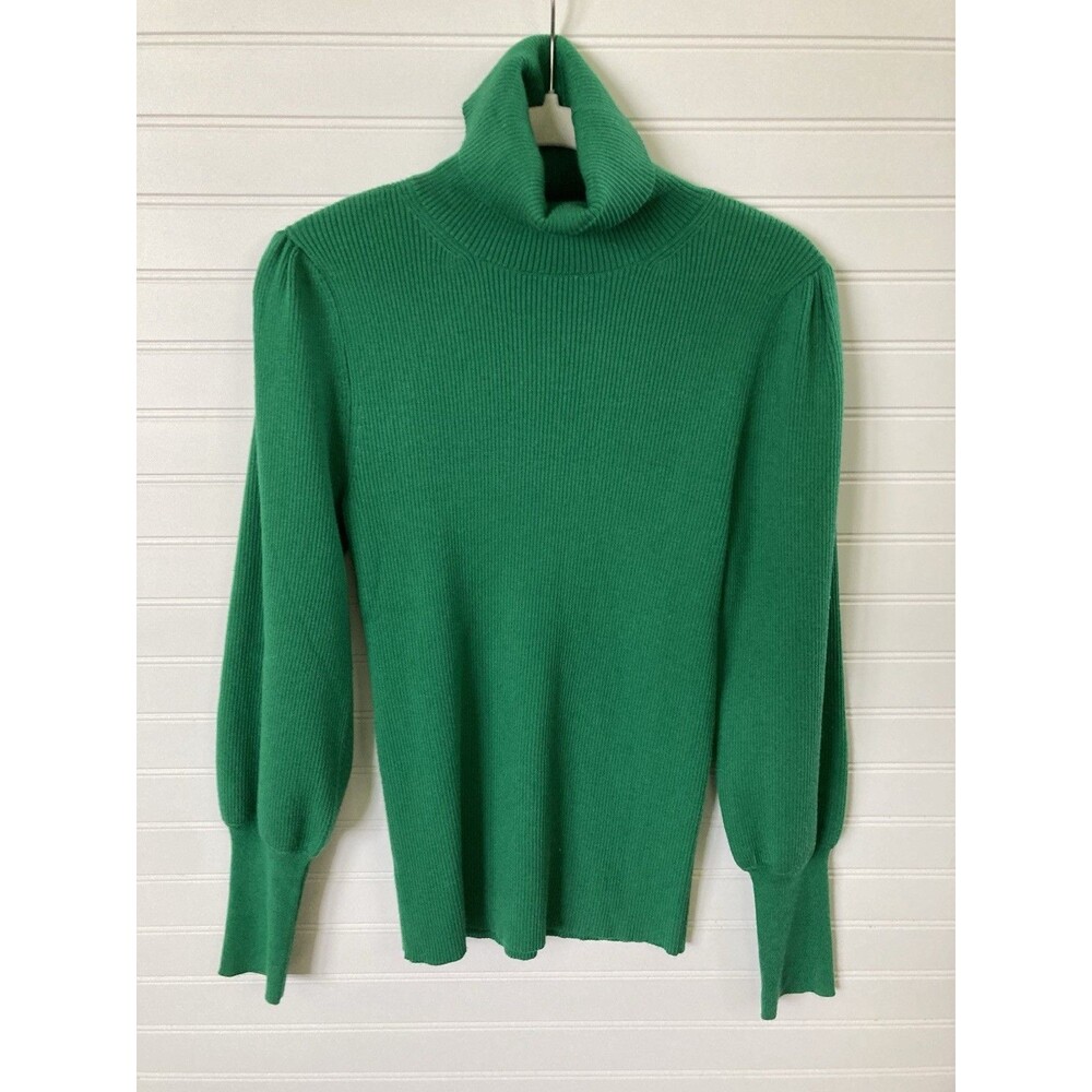 Ann Taylor Turtleneck Sweater LARGE Puffed Sleeve Green Viscose Blend